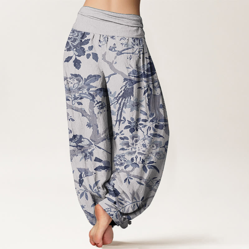 Buddha Stones Pure Cotton Birds Branches Flowers Pattern Women's Elastic Waist Harem Pants