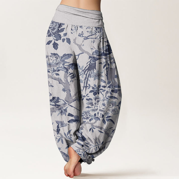 Buddha Stones Pure Cotton Birds Branches Flowers Pattern Women's Elastic Waist Harem Pants