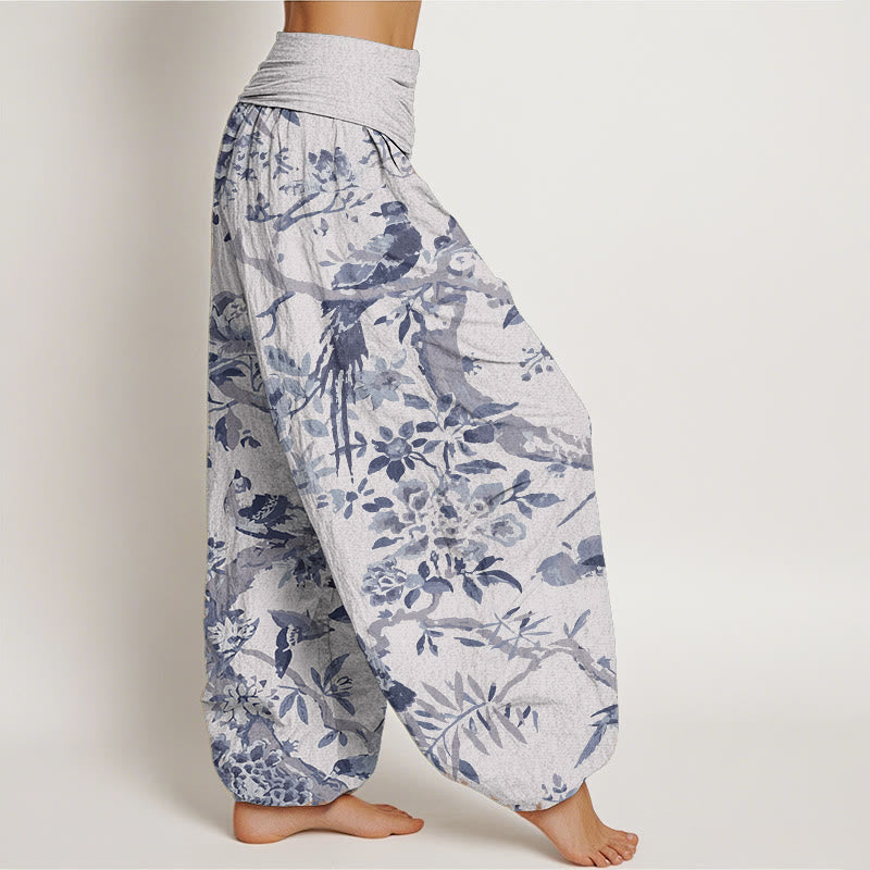 Buddha Stones Pure Cotton Birds Branches Flowers Pattern Women's Elastic Waist Harem Pants