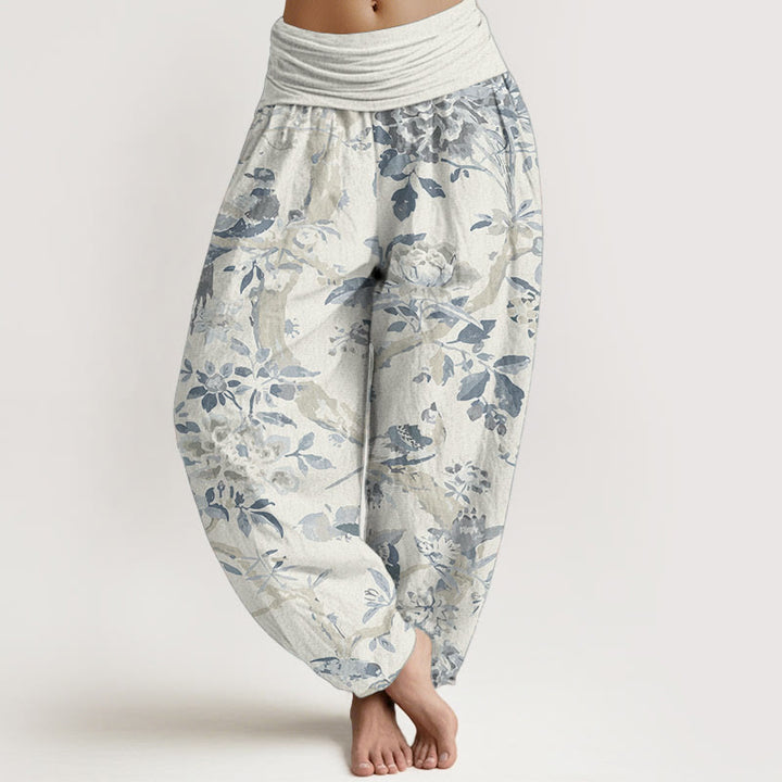 Buddha Stones Pure Cotton Birds Branches Flowers Pattern Women's Elastic Waist Harem Pants