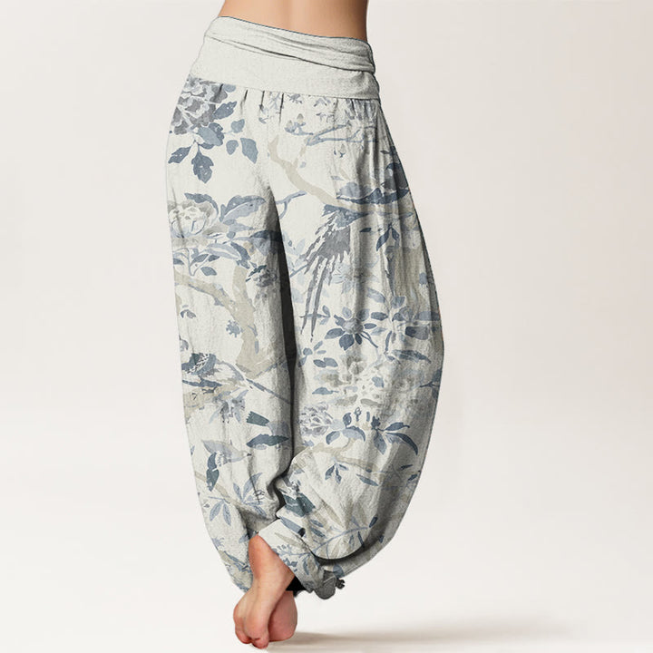Buddha Stones Pure Cotton Birds Branches Flowers Pattern Women's Elastic Waist Harem Pants