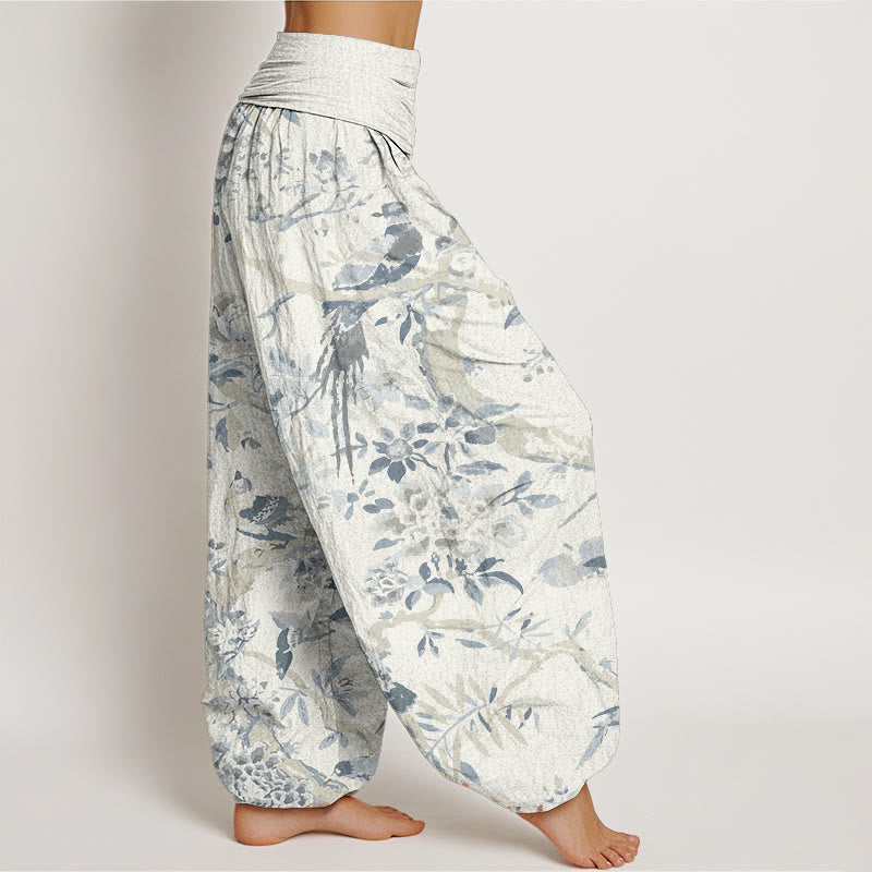 Buddha Stones Pure Cotton Birds Branches Flowers Pattern Women's Elastic Waist Harem Pants