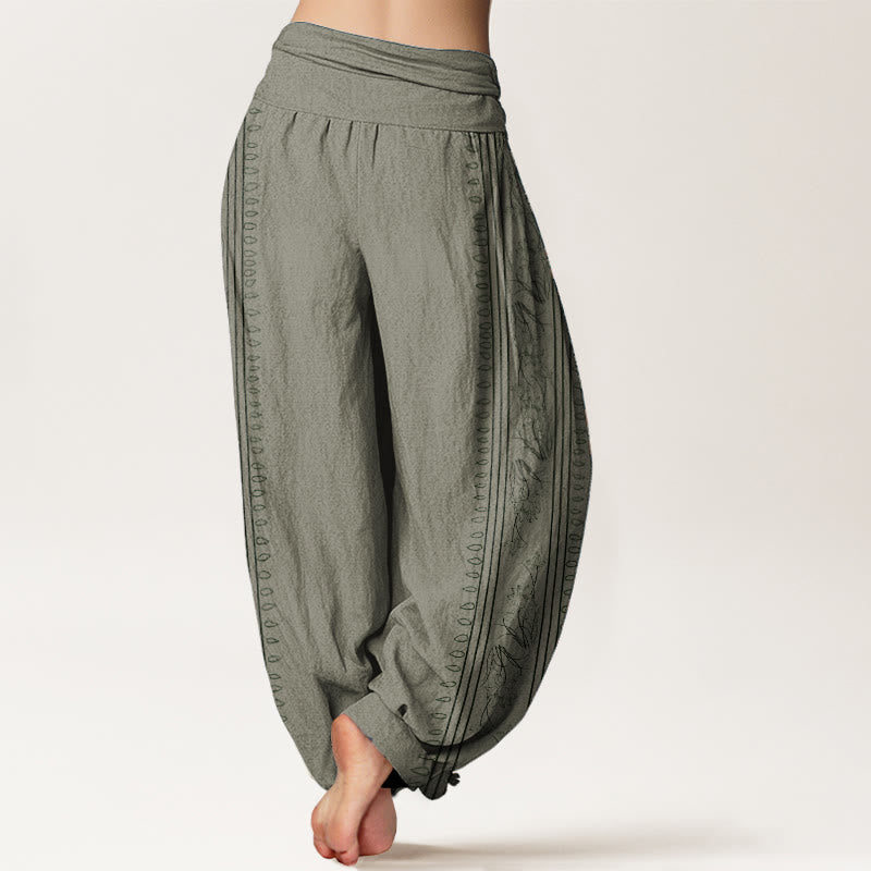 Buddha Stones Pure Cotton Dharma Wheel Lotus OM Pattern Women's Elastic Waist Harem Pants