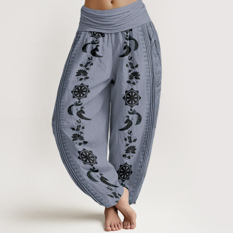 Buddha Stones Pure Cotton Dharma Wheel Lotus OM Pattern Women's Elastic Waist Harem Pants - LightSteelBlue - US22，UK/AU26，EU54 (6XL) - image 0