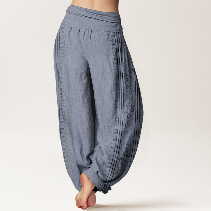 Buddha Stones Pure Cotton Dharma Wheel Lotus OM Pattern Women's Elastic Waist Harem Pants