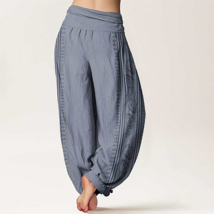 Buddha Stones Pure Cotton Dharma Wheel Lotus OM Pattern Women's Elastic Waist Harem Pants