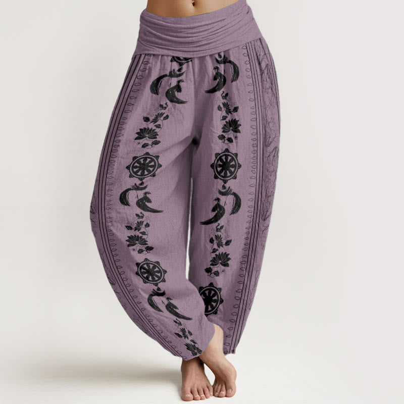 Buddha Stones Pure Cotton Dharma Wheel Lotus OM Pattern Women's Elastic Waist Harem Pants - Violet - US22，UK/AU26，EU54 (6XL) - image 8