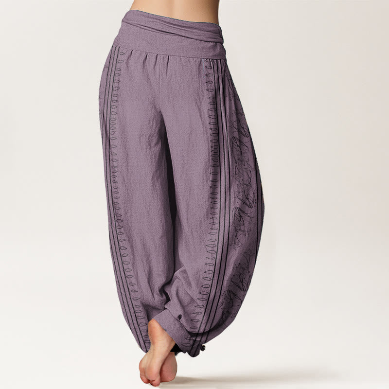 Buddha Stones Pure Cotton Dharma Wheel Lotus OM Pattern Women's Elastic Waist Harem Pants