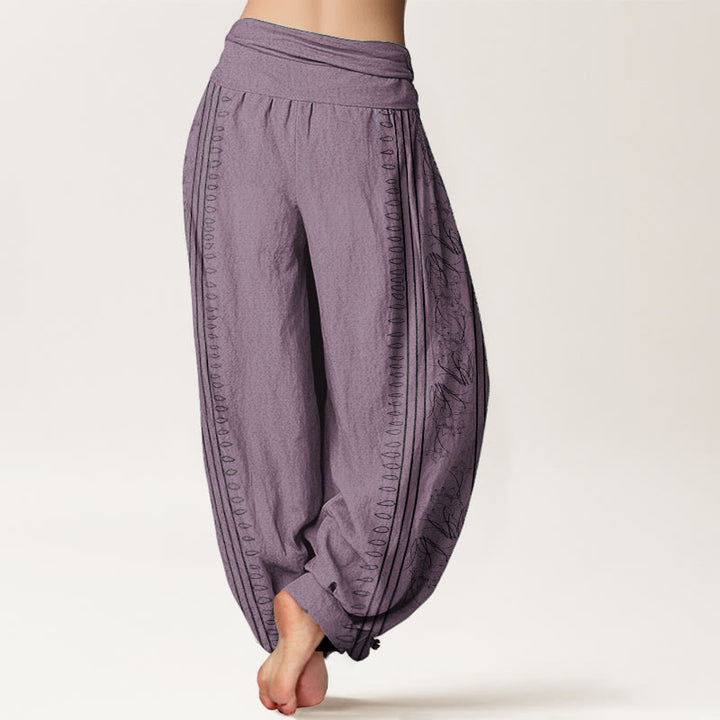 Buddha Stones Pure Cotton Dharma Wheel Lotus OM Pattern Women's Elastic Waist Harem Pants