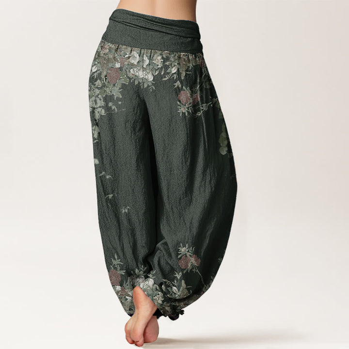Buddha Stones Pure Cotton Casual Red Peony Flower Vine Design Women's Elastic Waist Harem Pants