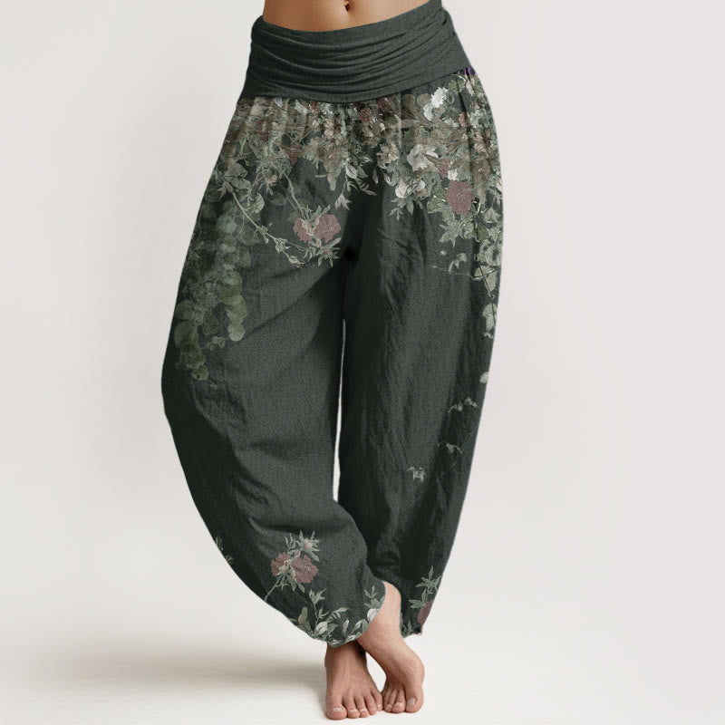 Buddha Stones Pure Cotton Casual Red Peony Flower Vine Design Women's Elastic Waist Harem Pants