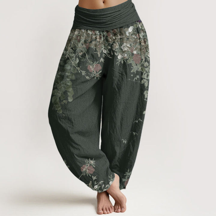 Buddha Stones Pure Cotton Casual Red Peony Flower Vine Design Women's Elastic Waist Harem Pants