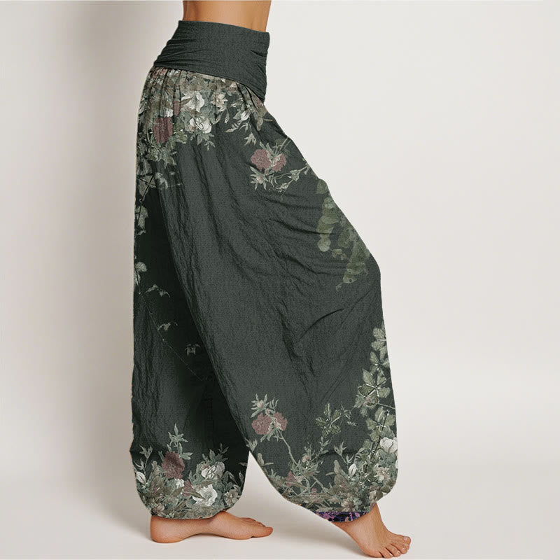 Buddha Stones Pure Cotton Casual Red Peony Flower Vine Design Women's Elastic Waist Harem Pants