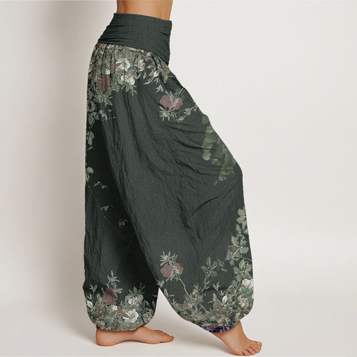 Buddha Stones Pure Cotton Casual Red Peony Flower Vine Design Women's Elastic Waist Harem Pants