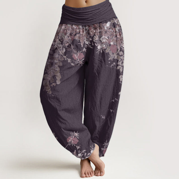 Buddha Stones Pure Cotton Casual Red Peony Flower Vine Design Women's Elastic Waist Harem Pants