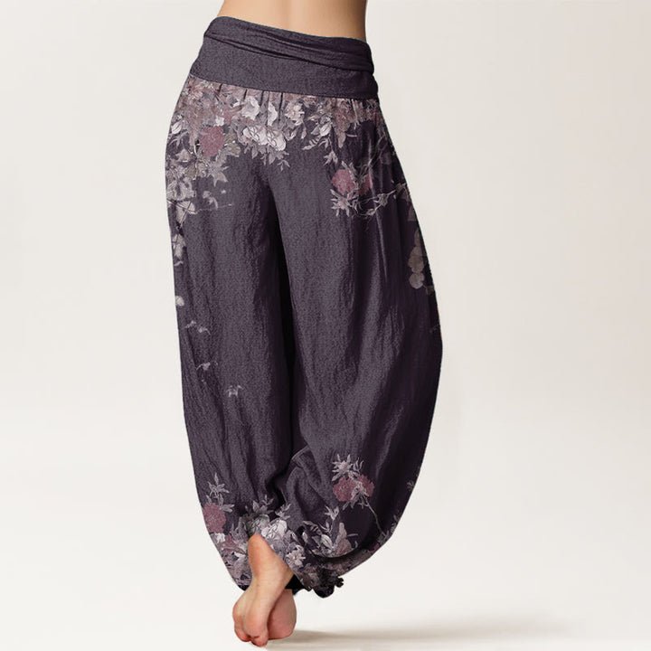 Buddha Stones Pure Cotton Casual Red Peony Flower Vine Design Women's Elastic Waist Harem Pants