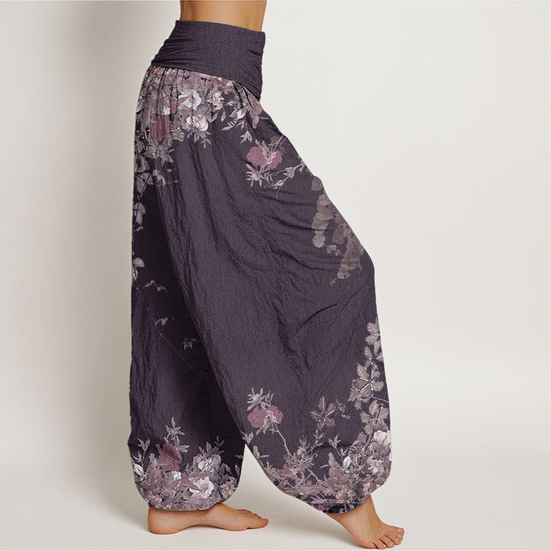 Buddha Stones Pure Cotton Casual Red Peony Flower Vine Design Women's Elastic Waist Harem Pants