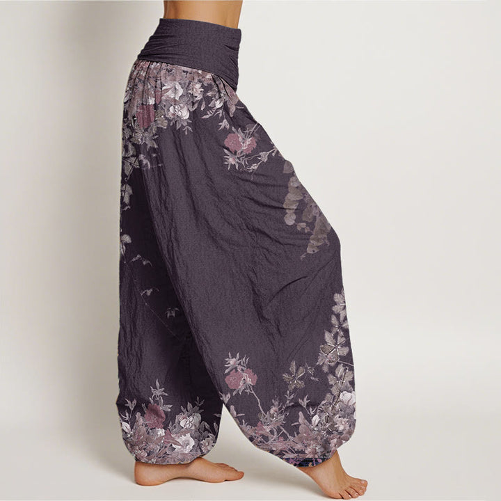Buddha Stones Pure Cotton Casual Red Peony Flower Vine Design Women's Elastic Waist Harem Pants