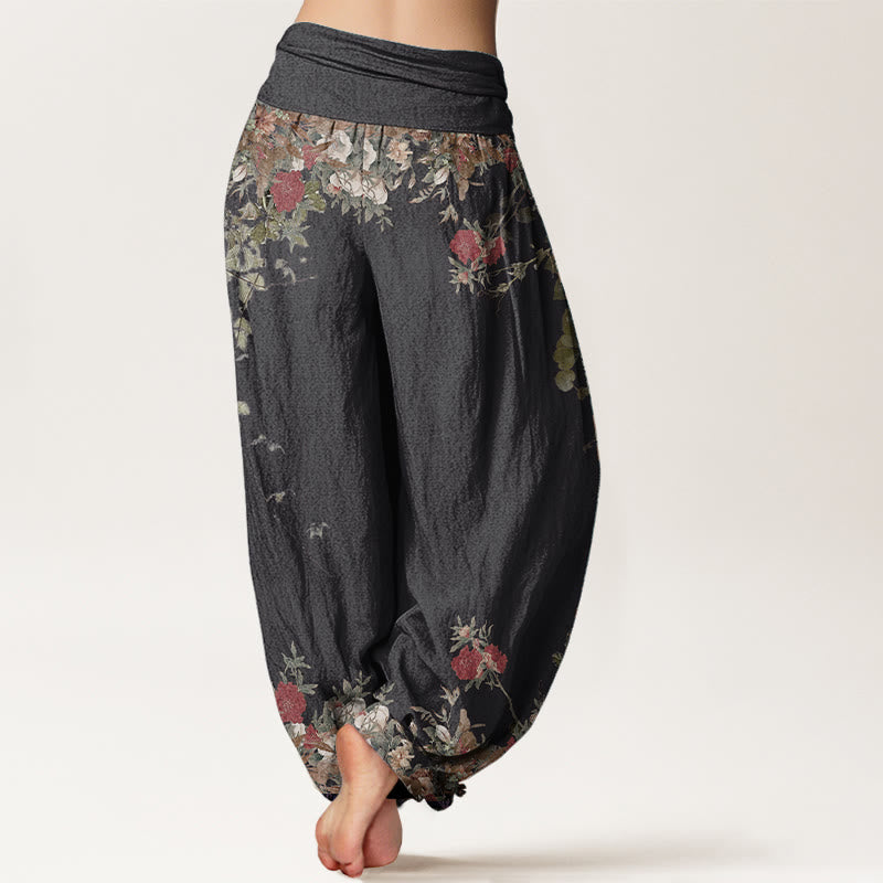 Buddha Stones Pure Cotton Casual Red Peony Flower Vine Design Women's Elastic Waist Harem Pants