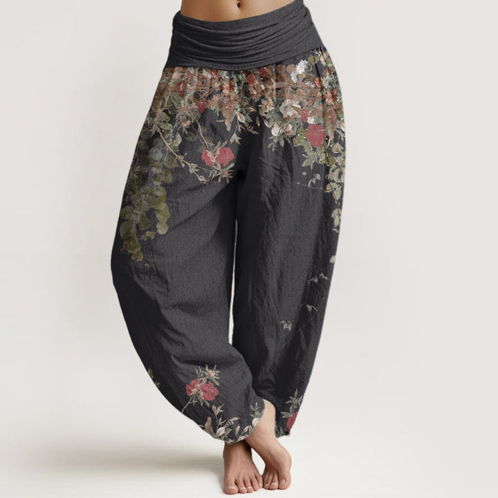 Buddha Stones Pure Cotton Casual Red Peony Flower Vine Design Women's Elastic Waist Harem Pants