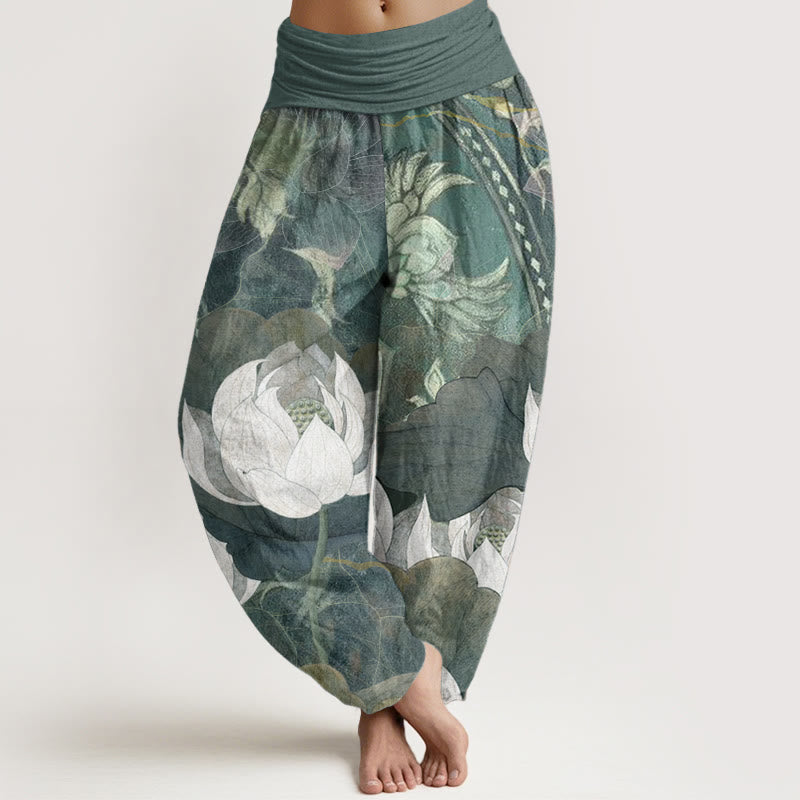 Buddha Stones Pure Cotton White Lotus Leaves Pattern Casual Women's Elastic Waist Harem Pants - DarkSeaGreen - US22，UK/AU26，EU54 (6XL) - image 0