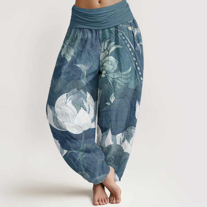Buddha Stones Pure Cotton White Lotus Leaves Pattern Casual Women's Elastic Waist Harem Pants - LightBlue - US22，UK/AU26，EU54 (6XL) - image 5