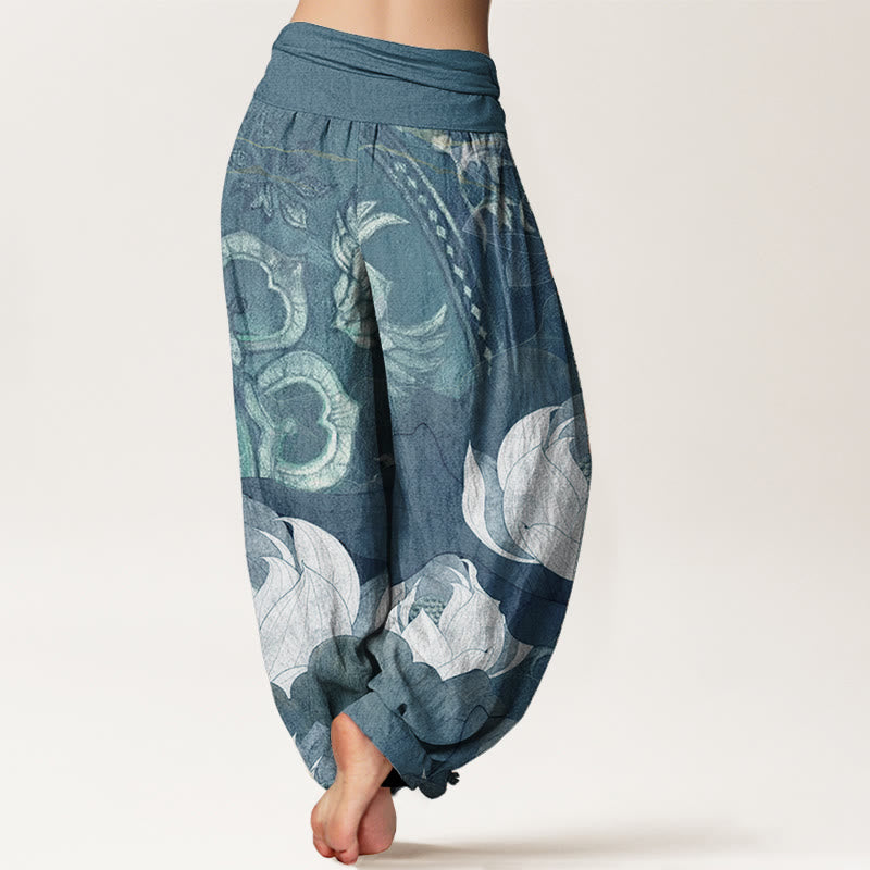 Buddha Stones Pure Cotton White Lotus Leaves Pattern Casual Women's Elastic Waist Harem Pants - image 6
