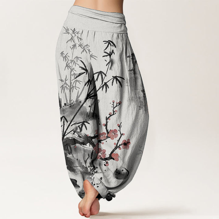 Buddha Stones Pure Cotton Plum Blossoms Bamboo Orchids Chrysanthemums Pattern Women's Elastic Waist Harem Pants