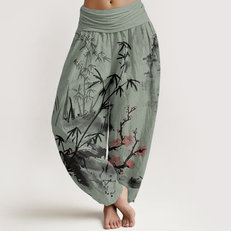 Buddha Stones Pure Cotton Plum Blossoms Bamboo Orchids Chrysanthemums Pattern Women's Elastic Waist Harem Pants - DarkSeaGreen - US22，UK/AU26，EU54 (6XL) - image 5