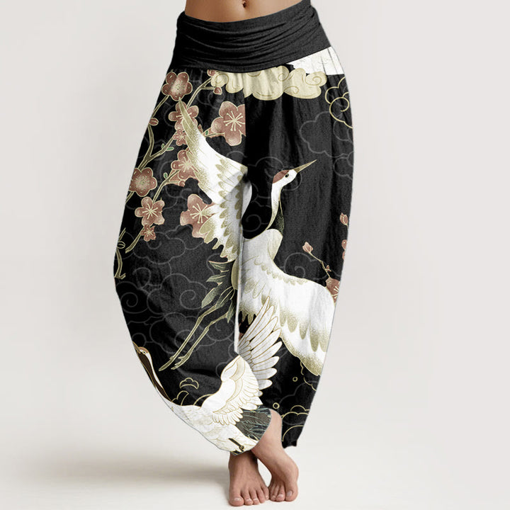 Buddha Stones Pure Cotton Cranes Flowers Auspicious Clouds Pattern Women's Elastic Waist Harem Pants