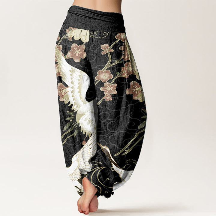 Buddha Stones Pure Cotton Cranes Flowers Auspicious Clouds Pattern Women's Elastic Waist Harem Pants