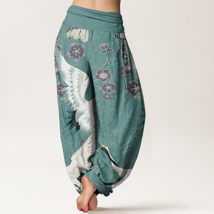 Buddha Stones Pure Cotton Cranes Flowers Auspicious Clouds Pattern Women's Elastic Waist Harem Pants