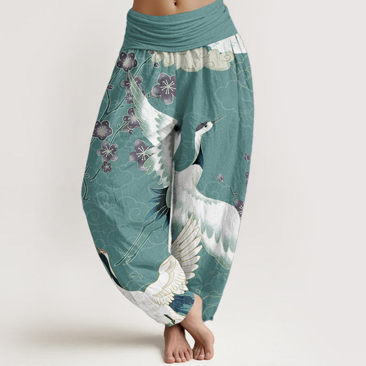 Buddha Stones Pure Cotton Cranes Flowers Auspicious Clouds Pattern Women's Elastic Waist Harem Pants