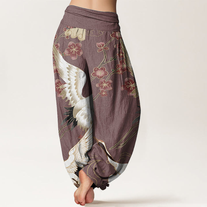 Buddha Stones Pure Cotton Cranes Flowers Auspicious Clouds Pattern Women's Elastic Waist Harem Pants