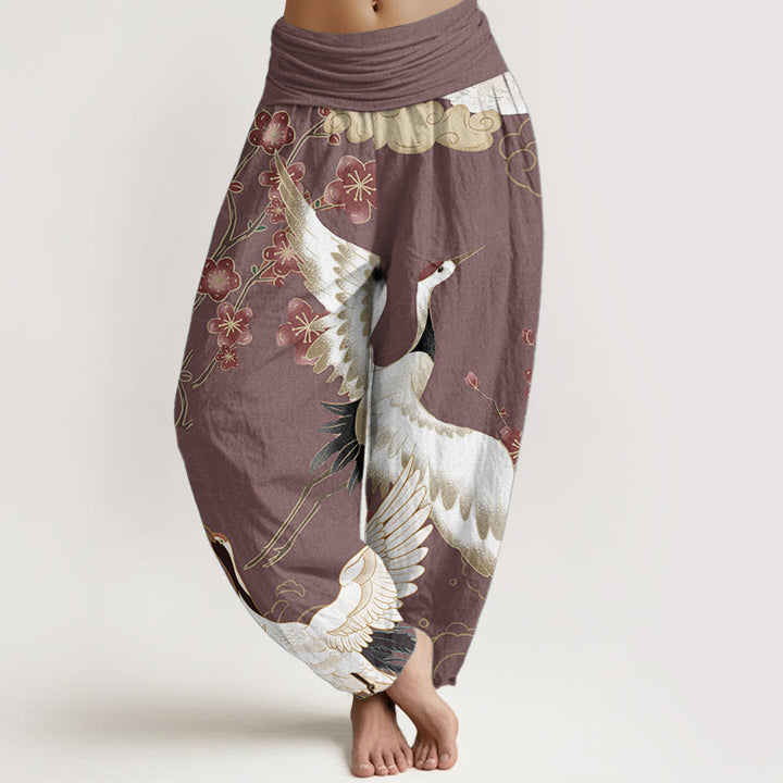 Buddha Stones Pure Cotton Cranes Flowers Auspicious Clouds Pattern Women's Elastic Waist Harem Pants