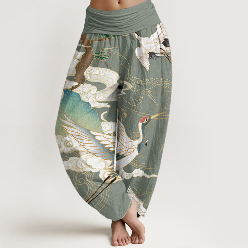 Buddha Stones Pure Cotton Flying Cranes Auspicious Clouds Tree women's Elastic Waist Harem Pants - DarkSeaGreen - US22，UK/AU26，EU54 (6XL) - image 5