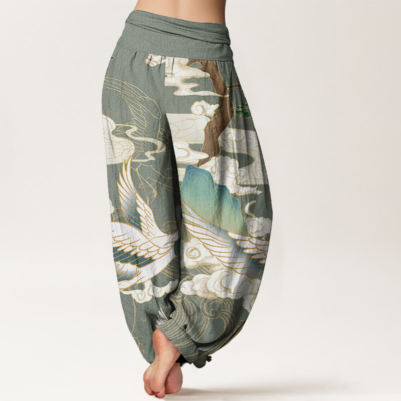 Buddha Stones Pure Cotton Flying Cranes Auspicious Clouds Tree women's Elastic Waist Harem Pants