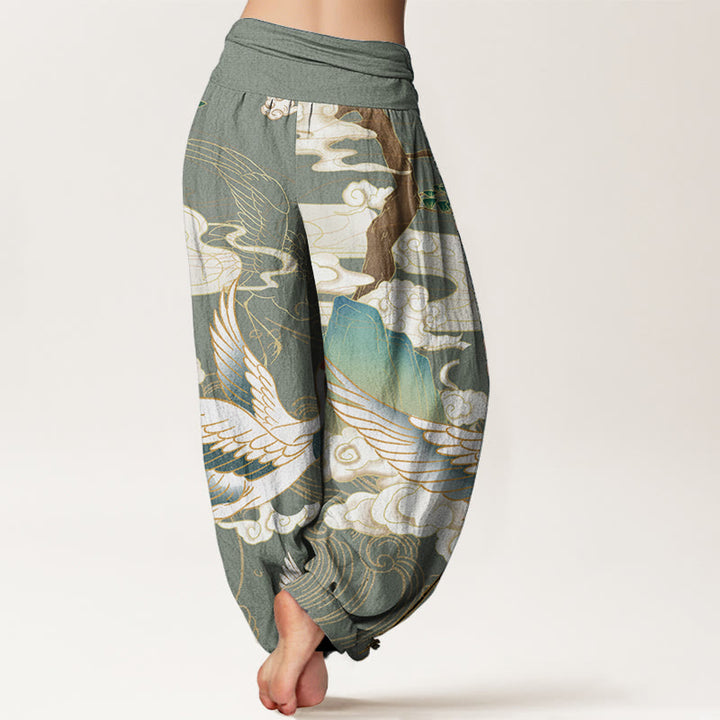 Buddha Stones Pure Cotton Flying Cranes Auspicious Clouds Tree women's Elastic Waist Harem Pants - image 6
