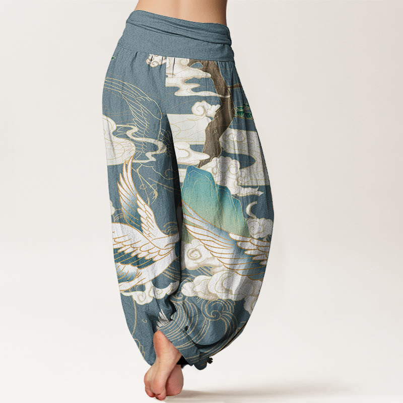Buddha Stones Pure Cotton Flying Cranes Auspicious Clouds Tree women's Elastic Waist Harem Pants - image 9