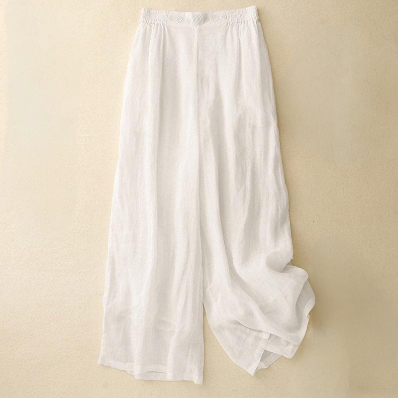 Buddha Stones Geometric Embroidery Elastic Waist Women's Cotton Linen Wide Leg Pants With Pockets