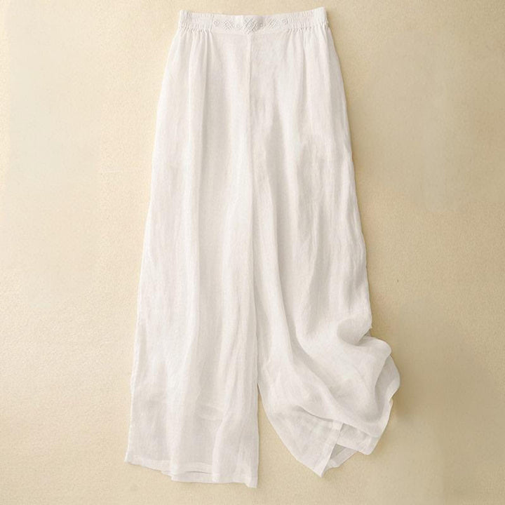 Buddha Stones Geometric Embroidery Elastic Waist Women's Cotton Linen Wide Leg Pants With Pockets