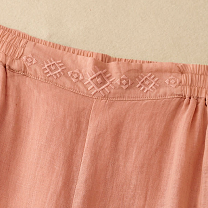 Buddha Stones Geometric Embroidery Elastic Waist Women's Cotton Linen Wide Leg Pants With Pockets