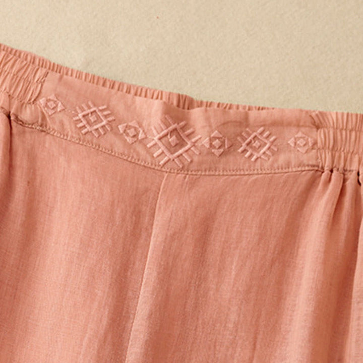 Buddha Stones Geometric Embroidery Elastic Waist Women's Cotton Linen Wide Leg Pants With Pockets
