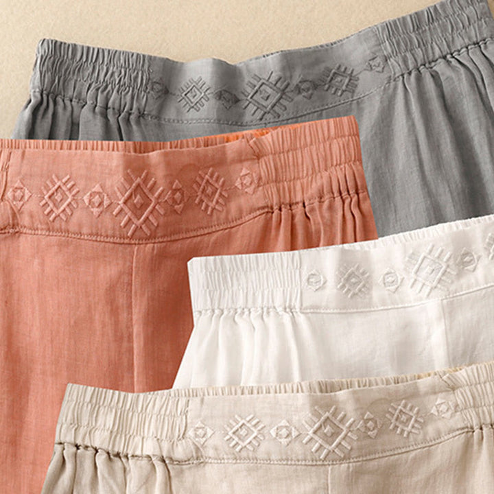 Buddha Stones Geometric Embroidery Elastic Waist Women's Cotton Linen Wide Leg Pants With Pockets