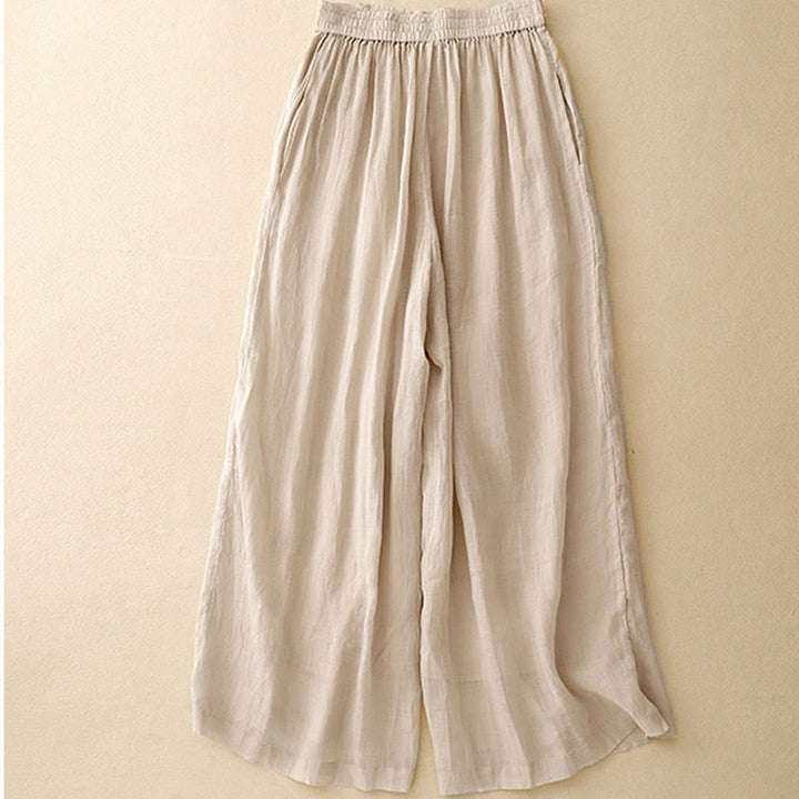 Buddha Stones Geometric Embroidery Elastic Waist Women's Cotton Linen Wide Leg Pants With Pockets