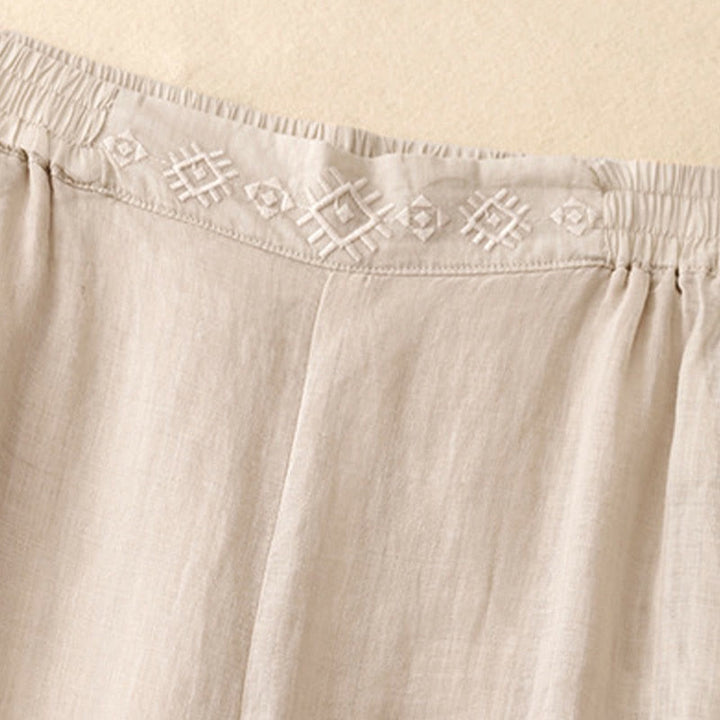 Buddha Stones Geometric Embroidery Elastic Waist Women's Cotton Linen Wide Leg Pants With Pockets