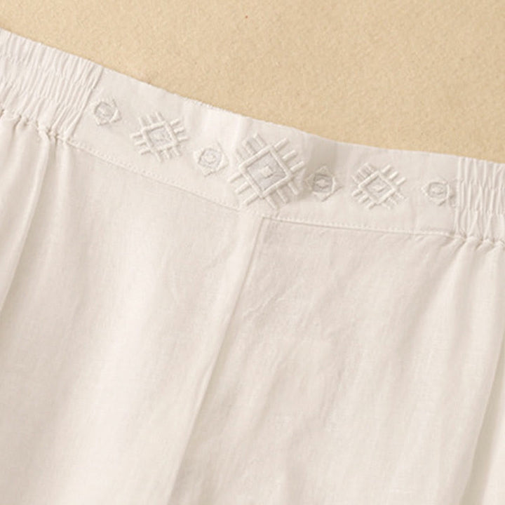 Buddha Stones Geometric Embroidery Elastic Waist Women's Cotton Linen Wide Leg Pants With Pockets