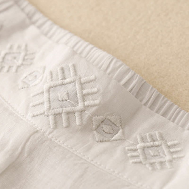 Buddha Stones Geometric Embroidery Elastic Waist Women's Cotton Linen Wide Leg Pants With Pockets