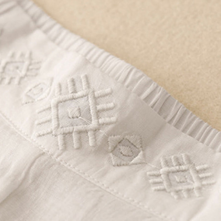 Buddha Stones Geometric Embroidery Elastic Waist Women's Cotton Linen Wide Leg Pants With Pockets