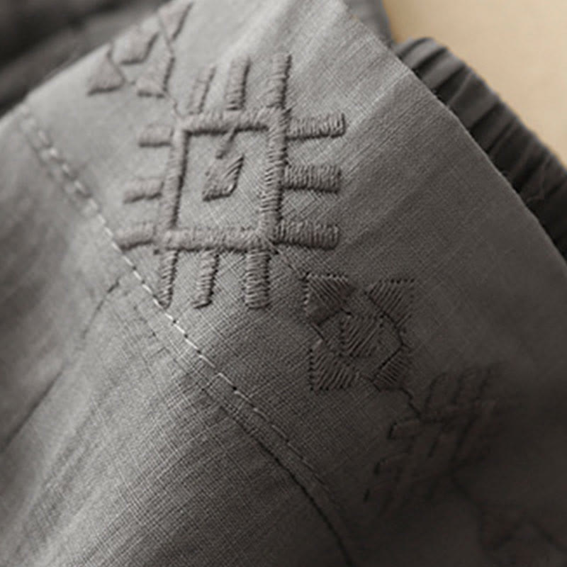 Buddha Stones Geometric Embroidery Elastic Waist Women's Cotton Linen Wide Leg Pants With Pockets